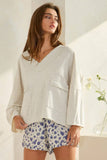 V-Neck Solid Terry Top with Patched Pockets in Oatmeal