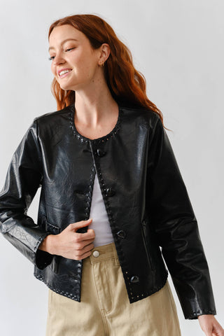 Faux Leather Jacket with Whipstitch Edge in Black