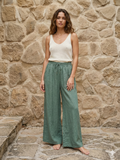 100% Linen Wide Leg Pants with Drawstring in Black