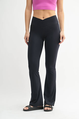 High-Waisted Yoga Pants with Crossover Front & Flare Leg in Black