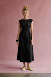 Ruched Waist Midi Dress in Black
