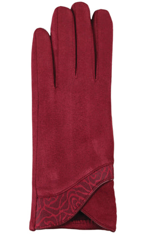 Texting Faux Suede Gloves with Embossed Accent Trim in Burgundy