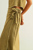 100% Linen Raw Hem Wrap Skirt in Olive