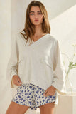 V-Neck Solid Terry Top with Patched Pockets in Oatmeal