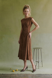 Ruched Waist Flare Suede Midi Dress in Mocha