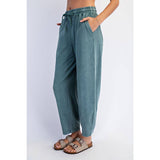 Cotton Blend Mineral Washed Barrel Pant in Jungle Green