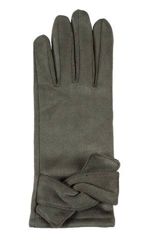 Texting Faux Suede Gloves with Flat Knot Trim in Green