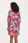 Three-Quarter Sleeve Dress with Baroque Swirls in Blue & Red