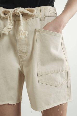 Vintage Washed Barrel Denim Shorts with Grommet Waist in Cream