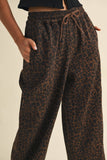Leopard Print Wide Leg Denim Track Pants