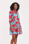 Three-Quarter Sleeve Dress with Baroque Swirls in Blue & Red