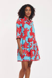 Three-Quarter Sleeve Dress with Baroque Swirls in Blue & Red