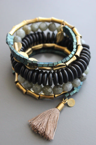 Magnesite, Green Hematite, Labradorite, & Brass Wrap Bracelet