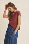 Slub Knit Sweater Top with Split Neck in Marsala