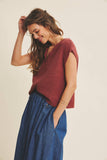 Slub Knit Sweater Top with Split Neck in Marsala