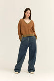Striped V-Neck Sweater in Camel Orange