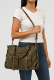 Studded Distressed Vegan Leather Tote in Washed Green