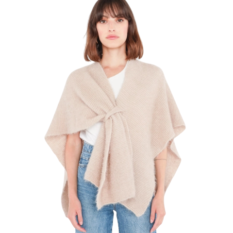 Knit Crossover Cape with Loop in Beige