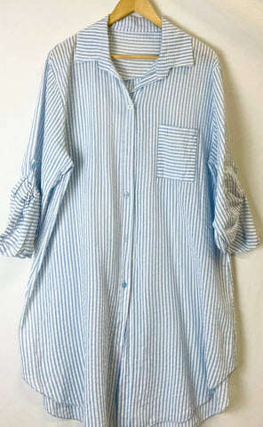 100% Cotton Striped Oversized Shirt Dress Cover Up in Baby Blue