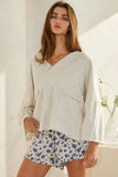 V-Neck Solid Terry Top with Patched Pockets in Oatmeal