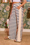 Drawstring Striped Sweatpants with Exposed Seam Detail in Navy/Cream