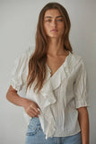 100% Woven Cotton V-Neck Blouse with Ruffle Detail in Off White