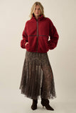 Sherpa Fleece Zip-Up Jacket with Vegan Leather Trim in Dark Cherry