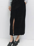 Faux Suede Midi Skirt in Black