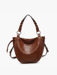 Paneled Hobo Bag with Twisted Handle & Long Strap in Brown