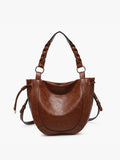 Paneled Hobo Bag with Twisted Handle & Long Strap in Brown