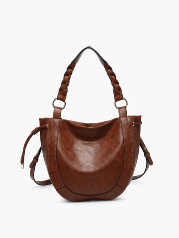 Paneled Hobo Bag with Twisted Handle & Long Strap in Brown