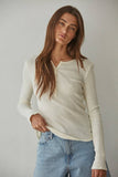 100% Cotton Knit Thermal Half Button-Down Top in Cream