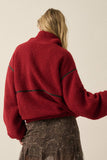 Sherpa Fleece Zip-Up Jacket with Vegan Leather Trim in Dark Cherry