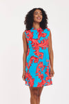 Shift Dress with Baroque Swirls in Blue & Red