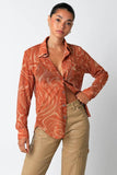 Mesh Blouse with Wave Print in Orange