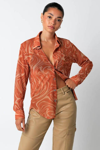 Mesh Blouse with Wave Print in Orange