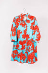 Three-Quarter Sleeve Dress with Baroque Swirls in Blue & Red