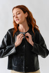 Faux Leather Jacket with Whipstitch Edge in Black