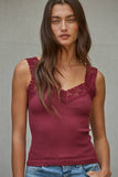 Knit Seamless Ribbed Tank Top with Lace Trim in Cabernet Red