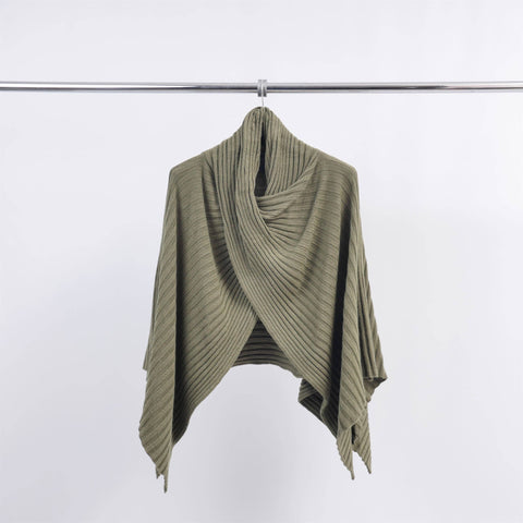 Asymmetrical Ribbed Knit Poncho in Olive