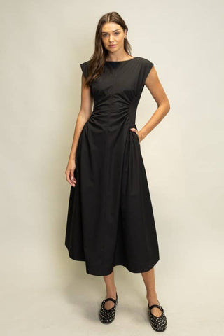 Ruched Waist Midi Dress in Black
