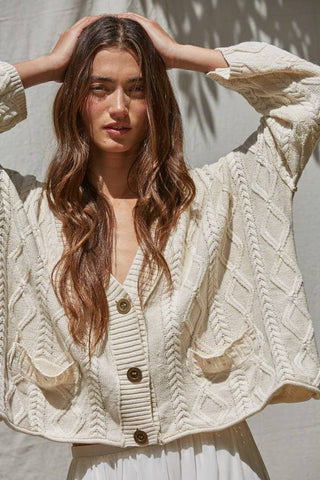 Cable Knit V-Neck Long Sleeve Sweater Cardigan in Natural