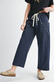 Wide Leg Cotton Twill Utility Pants with Drawstring in Navy