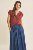Slub Knit Sweater Top with Split Neck in Marsala
