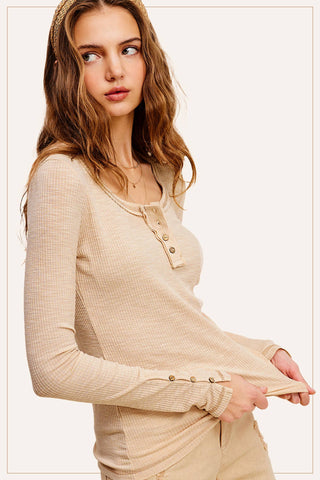 Ribbed Fitted Long Sleeve Henley in Beige