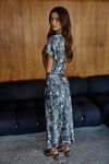 Floral Print Tie-Back Midi Dress in Midnight Blue