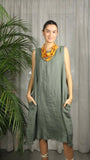 100% Linen Dress with Fringe Bottom in Blue