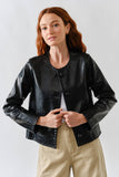 Faux Leather Jacket with Whipstitch Edge in Black