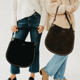Rivet Vegan Suede Hobo Bag in Chocolate