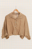 100% Linen Collared Crop Shirt in Beige